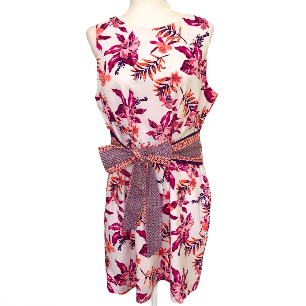 Tahari 97% Cotton Floral Tie-Waist Dress - 14 - Picture 1 of 15